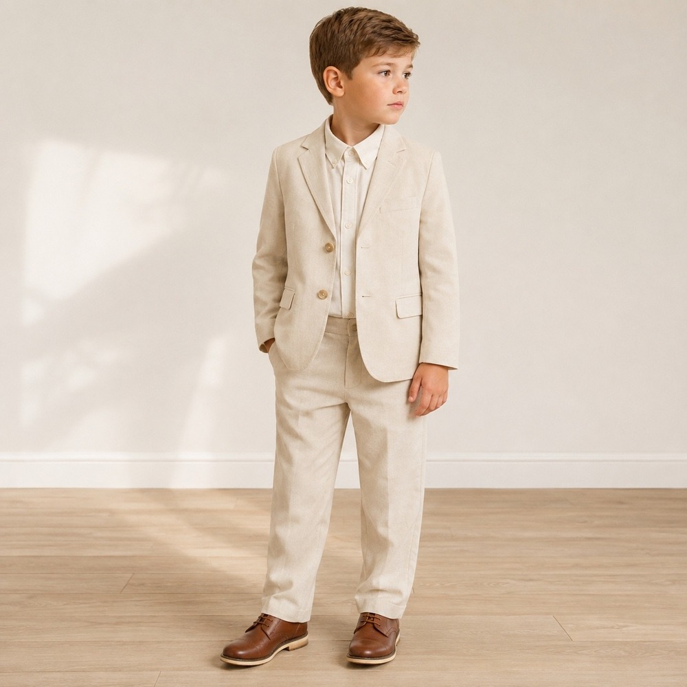 Cat & Jack Boys 2pc Linen Blend Suit Set Beige Blazer Pants Size 8 NEW